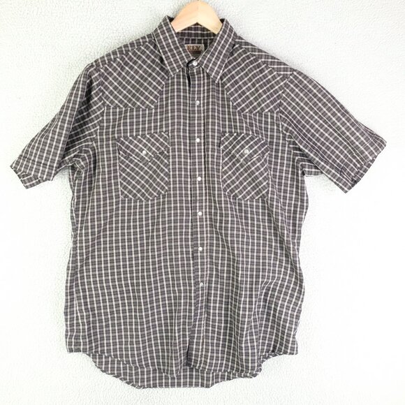 Vintage Western Shirt Mens Large Black White Plaid Short Sleeve Pearl Snap - Picture 1 of 7